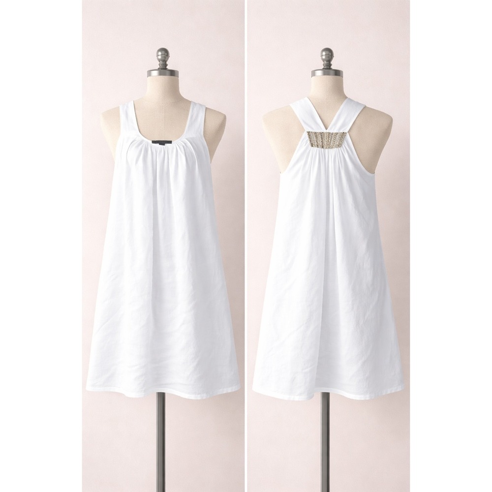 Color Block White Sleeveless Dress Women's M Beaded Braided Back A-Line Lined